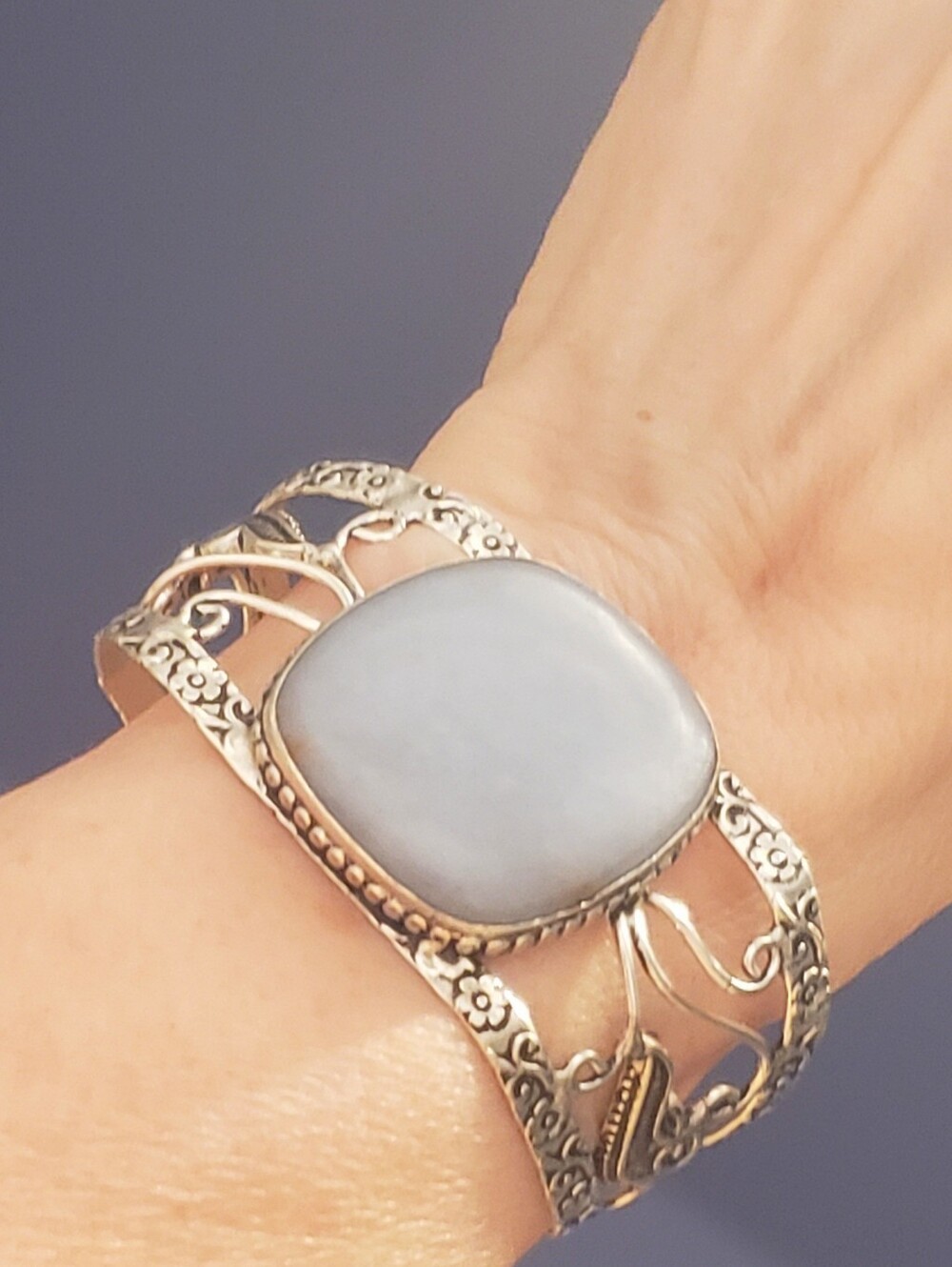Angelite Gemstone Adjustable 925 Stamped Silver Bracelet, New, Grey Blue, Handmd